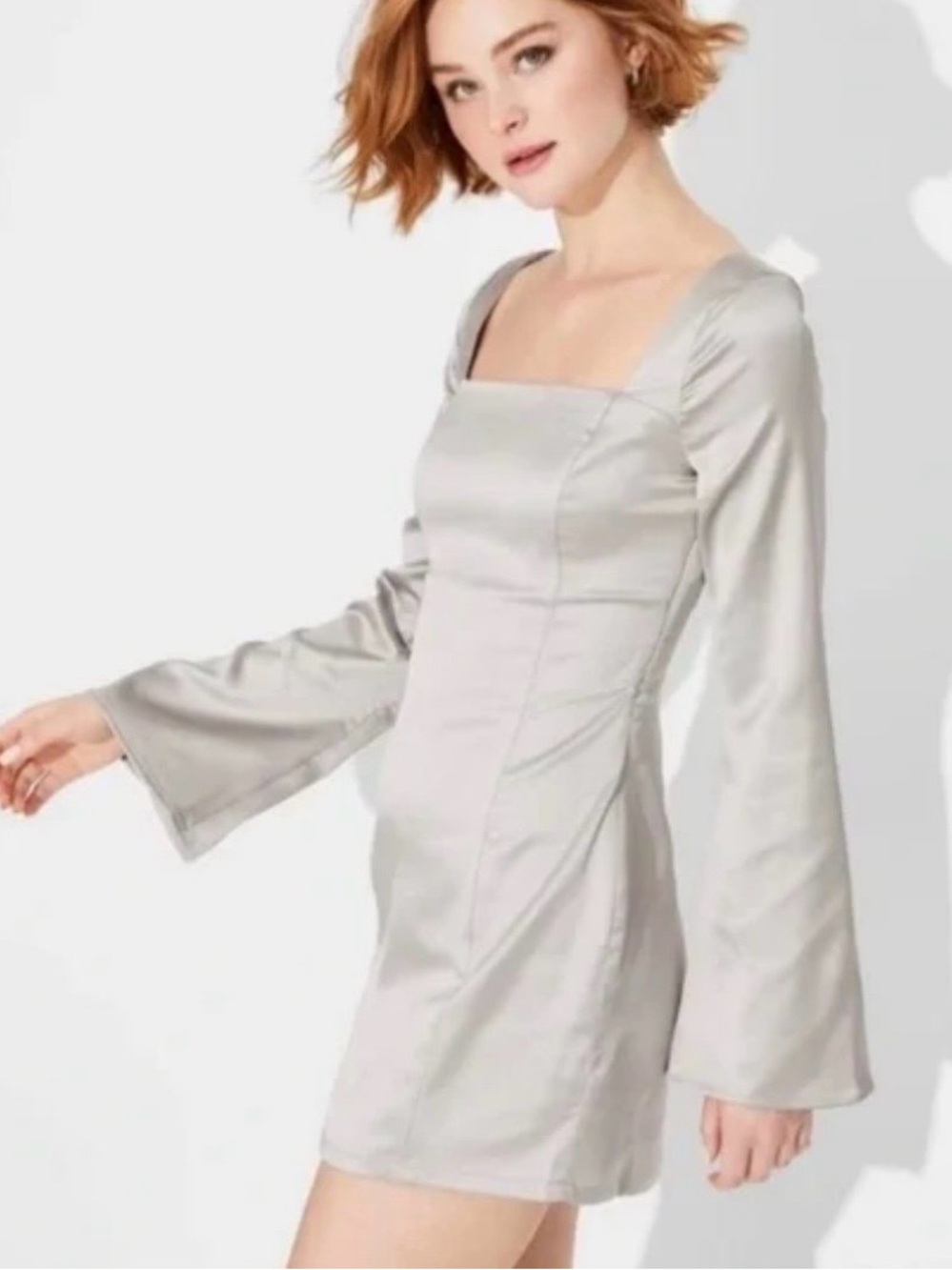 wild fable Silver Square-Neck Bell Sleeve Mini Dress